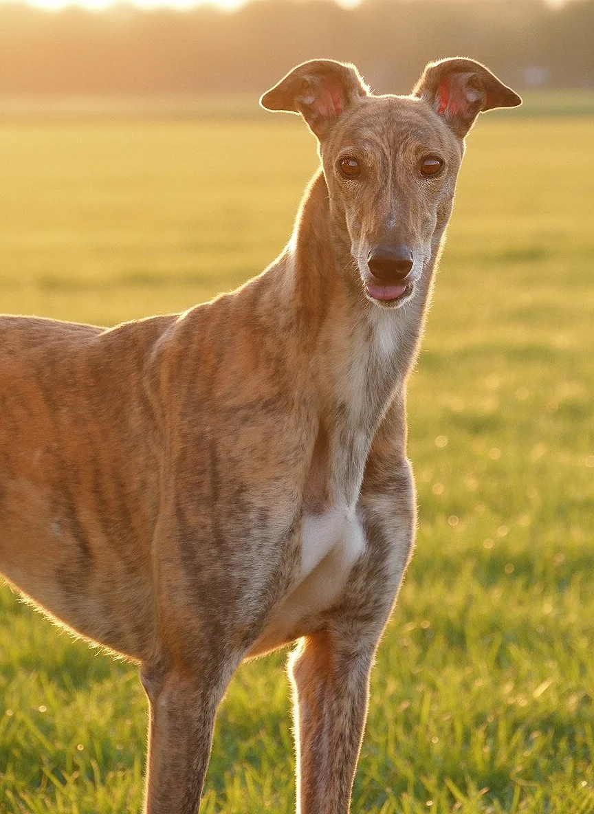 A slender greyhound dog standing in a grassy field at sunset, with a soft golden glow illuminating its fur.