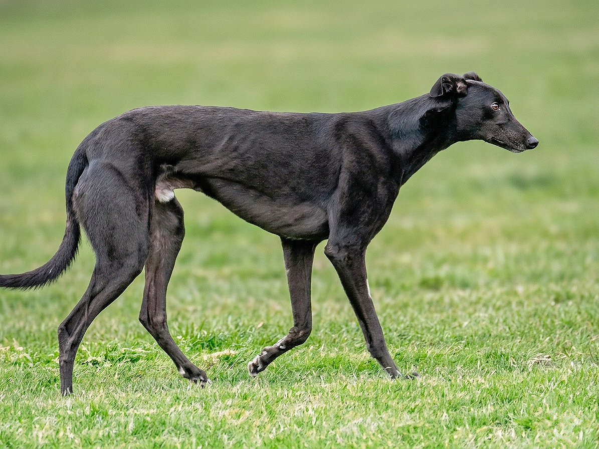 A black Greyhound dog walking on a grassy field