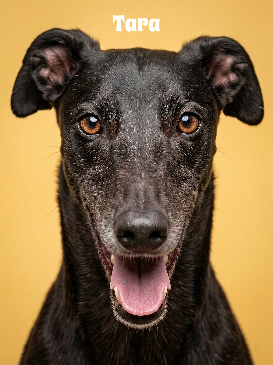 A close-up of a black dog with amber eyes, ears slightly folded, tongue out, against a yellow background, with the name 'Tara' written above.