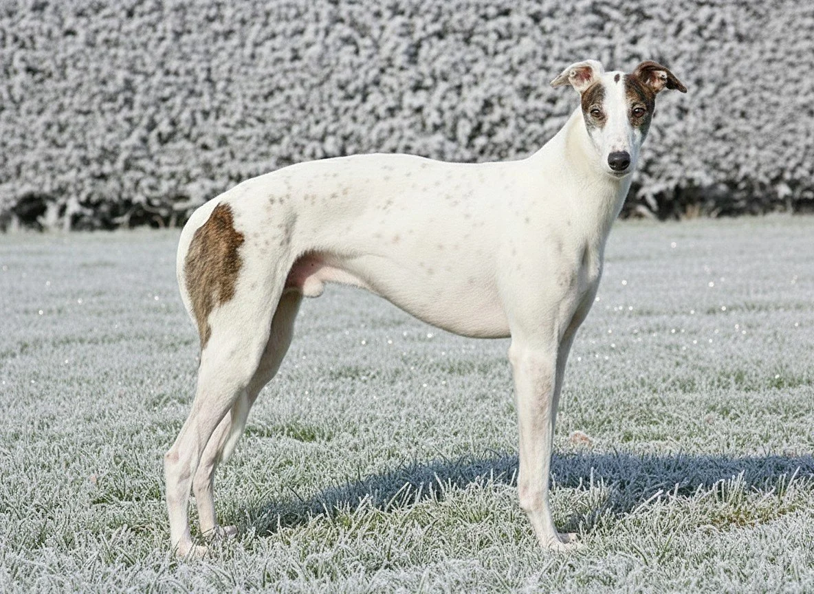 A white dog with brown spots standing on frosty grass in a winter landscape.