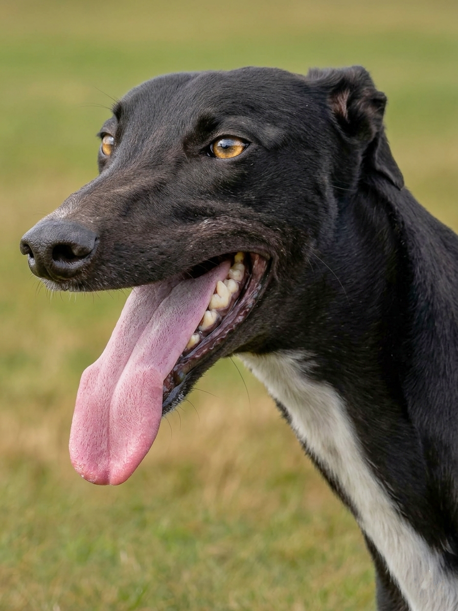 Close-up of a black dog with tan eyes, panting with tongue hanging out, outdoors on a grassy field.