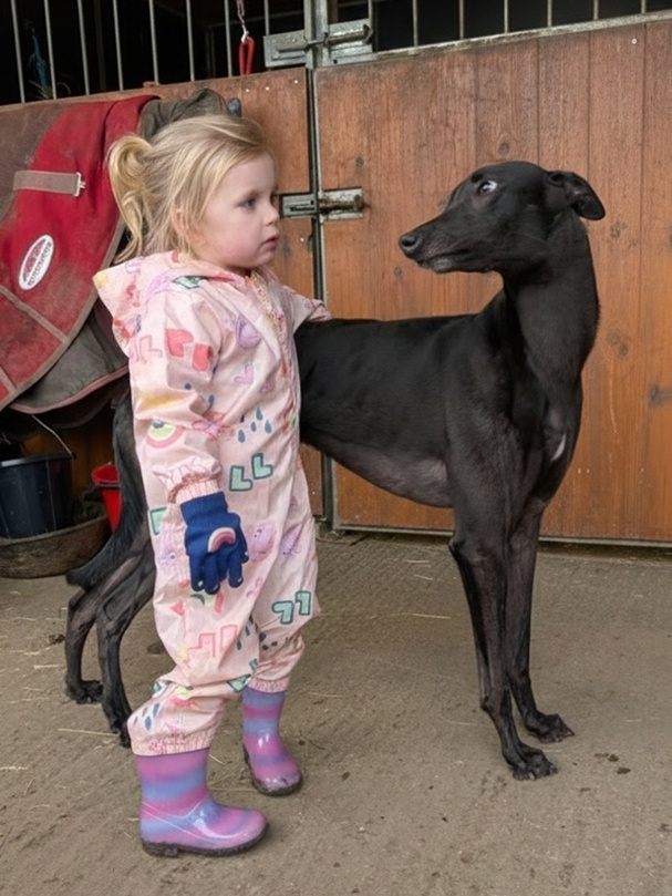 A young girl in colorful rain boots and a pastel jacket stands close to a large black greyhound inside a barn, with her hand resting on the dog's side. They are looking at each other.