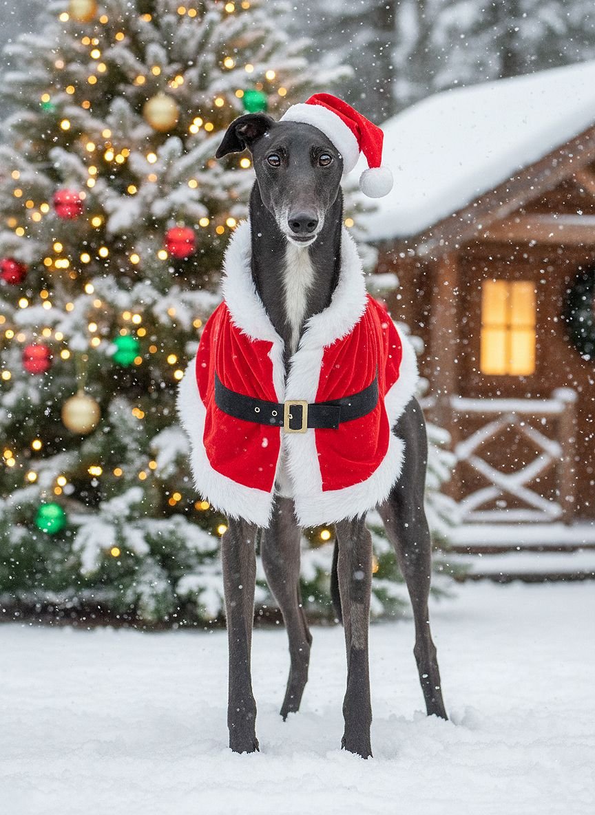 A dog dressed in a Santa Claus outfit with a Santa hat, standing in snow in front of a decorated Christmas tree with lights and ornaments, and a cozy house with a lit window in the background.