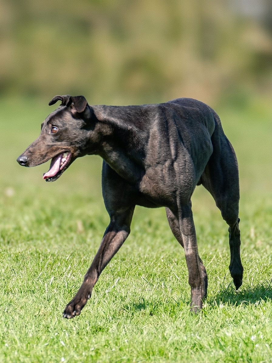 A black dog with brindle markings running on a grassy field, with its tongue slightly out and ears perked up.