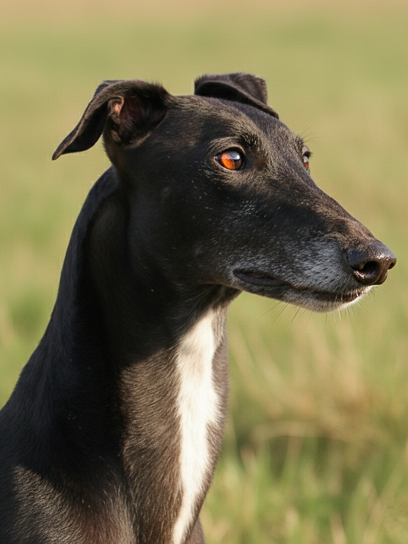 Close-up of a black and white dog with amber eyes looking to the right, outdoors in a grassy field.