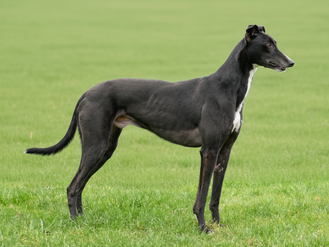 A black Greyhound dog with white markings standing on green grass.