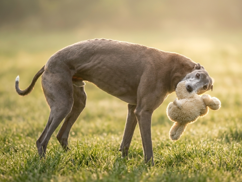 A dog with a brown coat holding a teddy bear in its mouth on a grassy field during sunset.