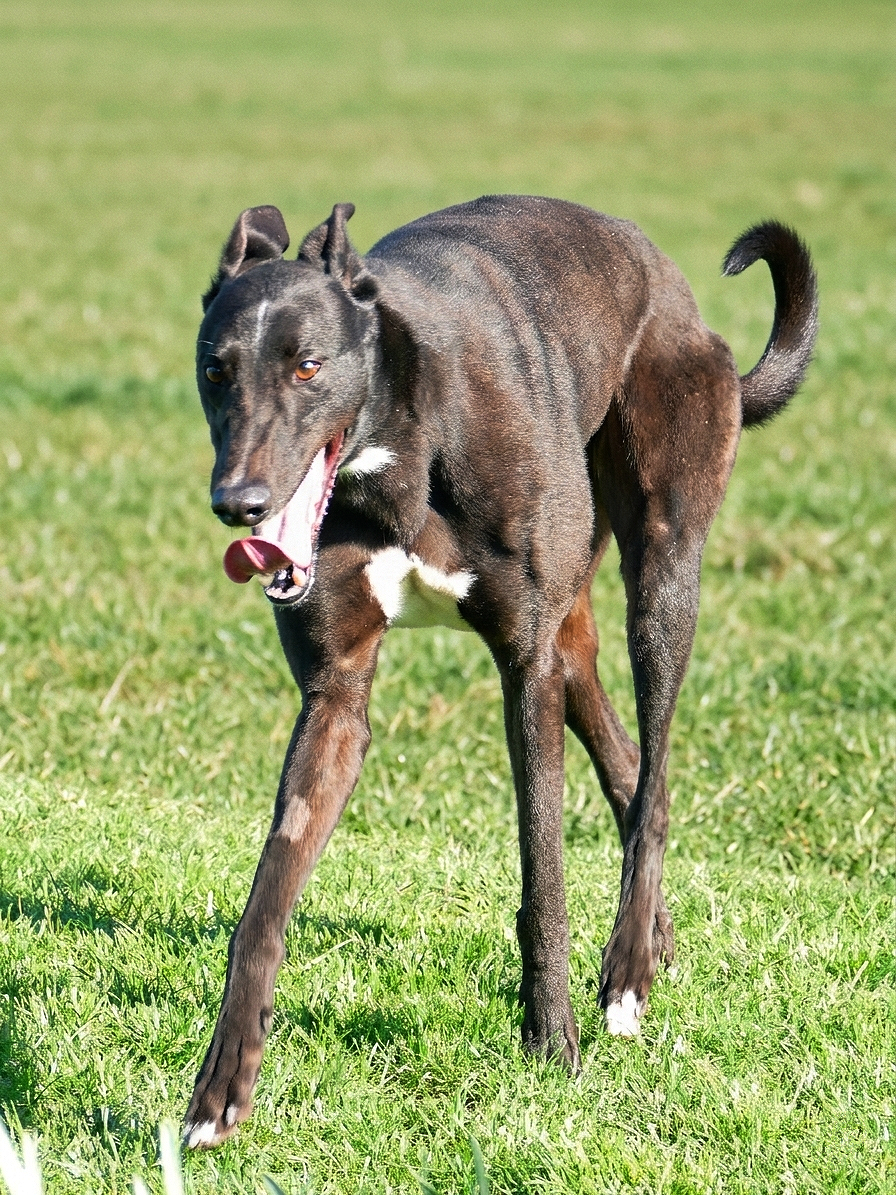 A greyhound dog walking on grass with its tongue out.