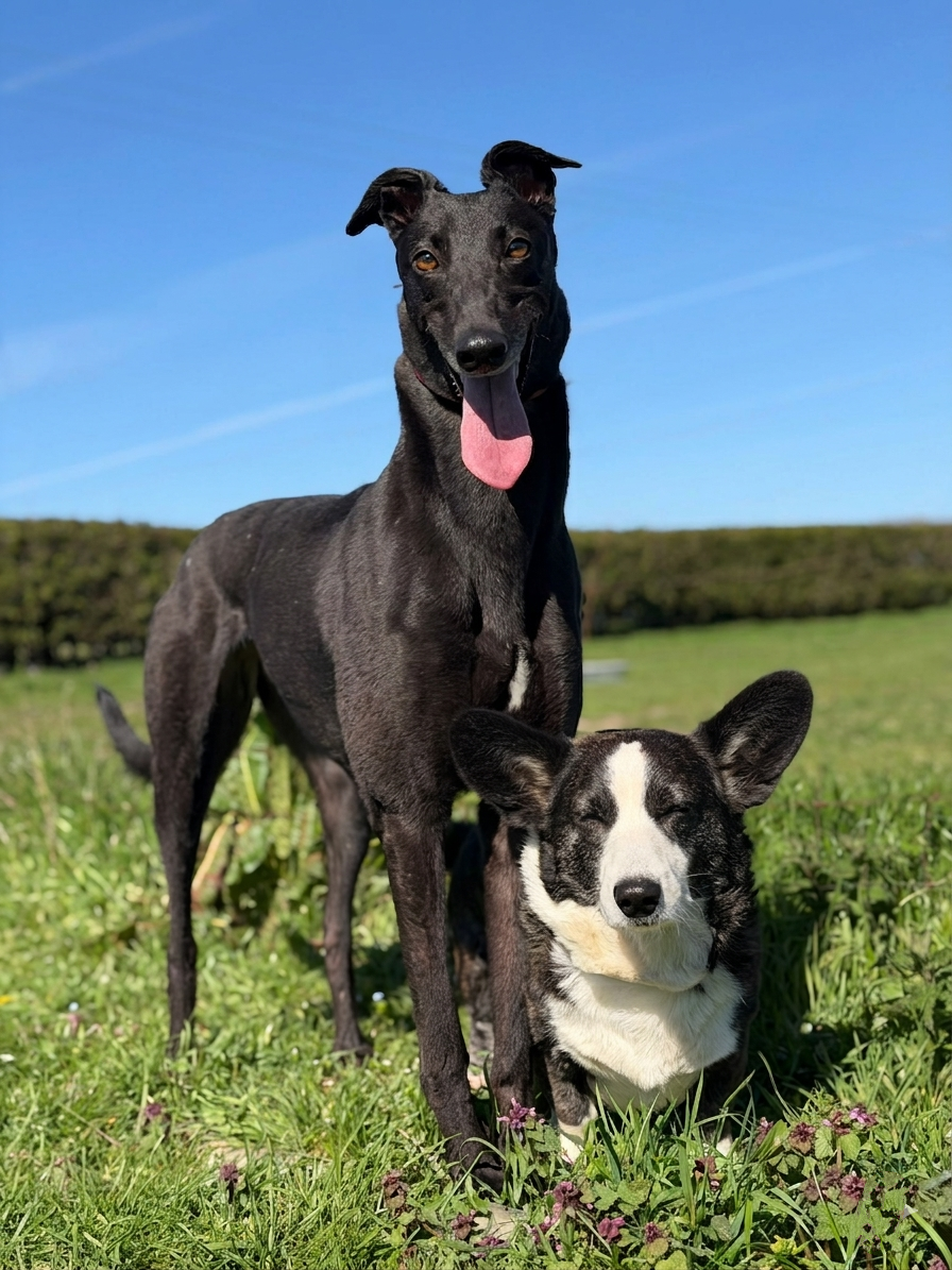 Two dogs outdoors on green grass under a blue sky. One is a tall black dog with a pink tongue hanging out, standing behind the other. The second is a smaller black and white dog with closed eyes, sitting on the grass.