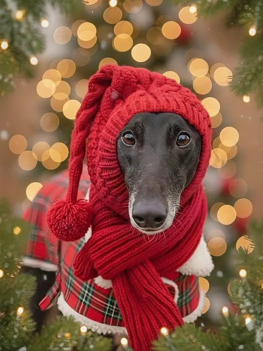 Dog wearing a red winter hat with pom-poms and a matching red scarf, with a blurred holiday lights background.