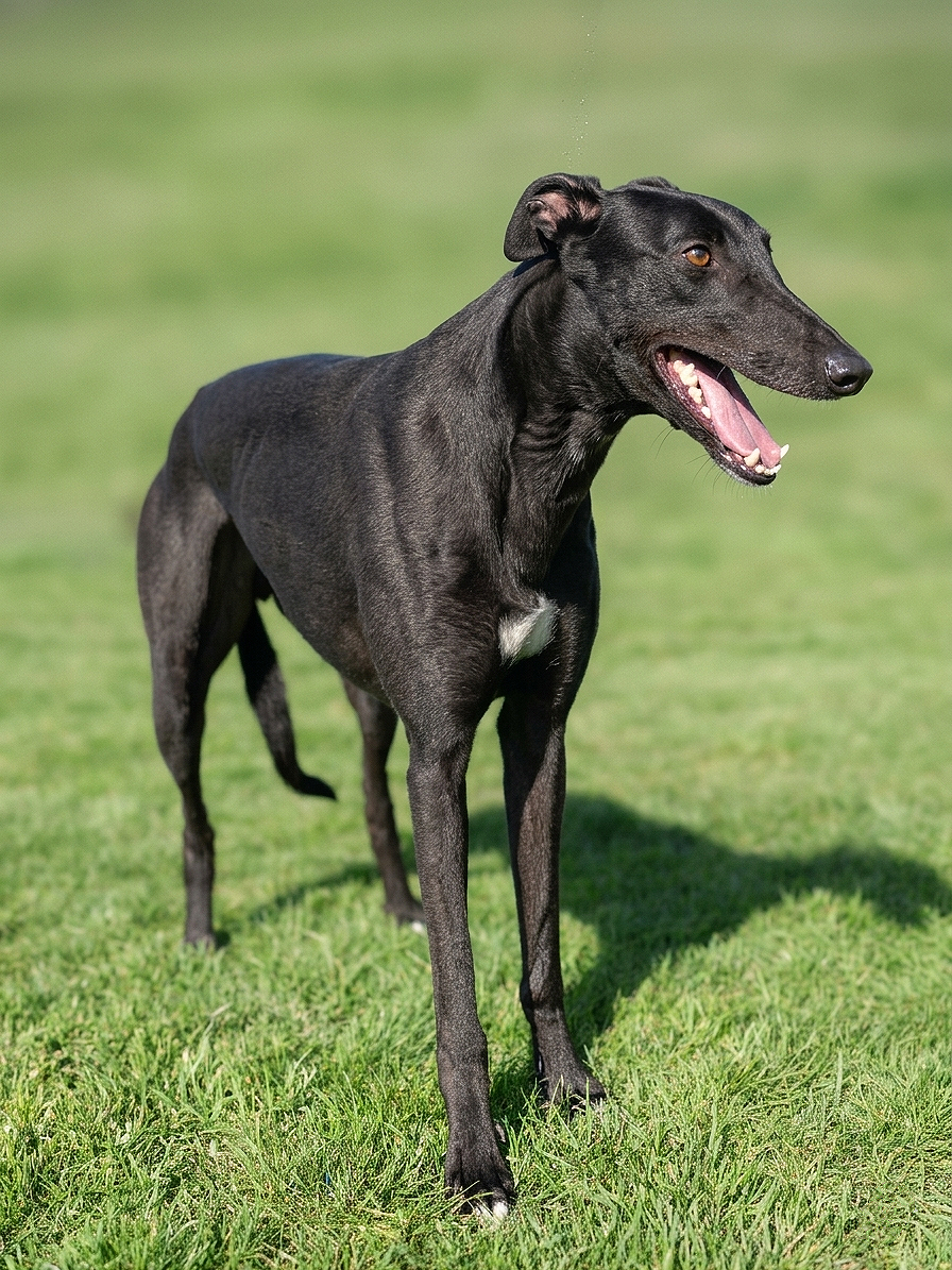 A black greyhound standing on grass with its mouth open and tongue out.