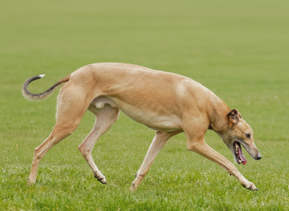 A tan greyhound running on a grassy field with its mouth open and tongue out.