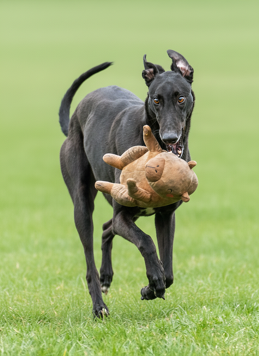 Black dog running across green grass holding a plush toy in its mouth