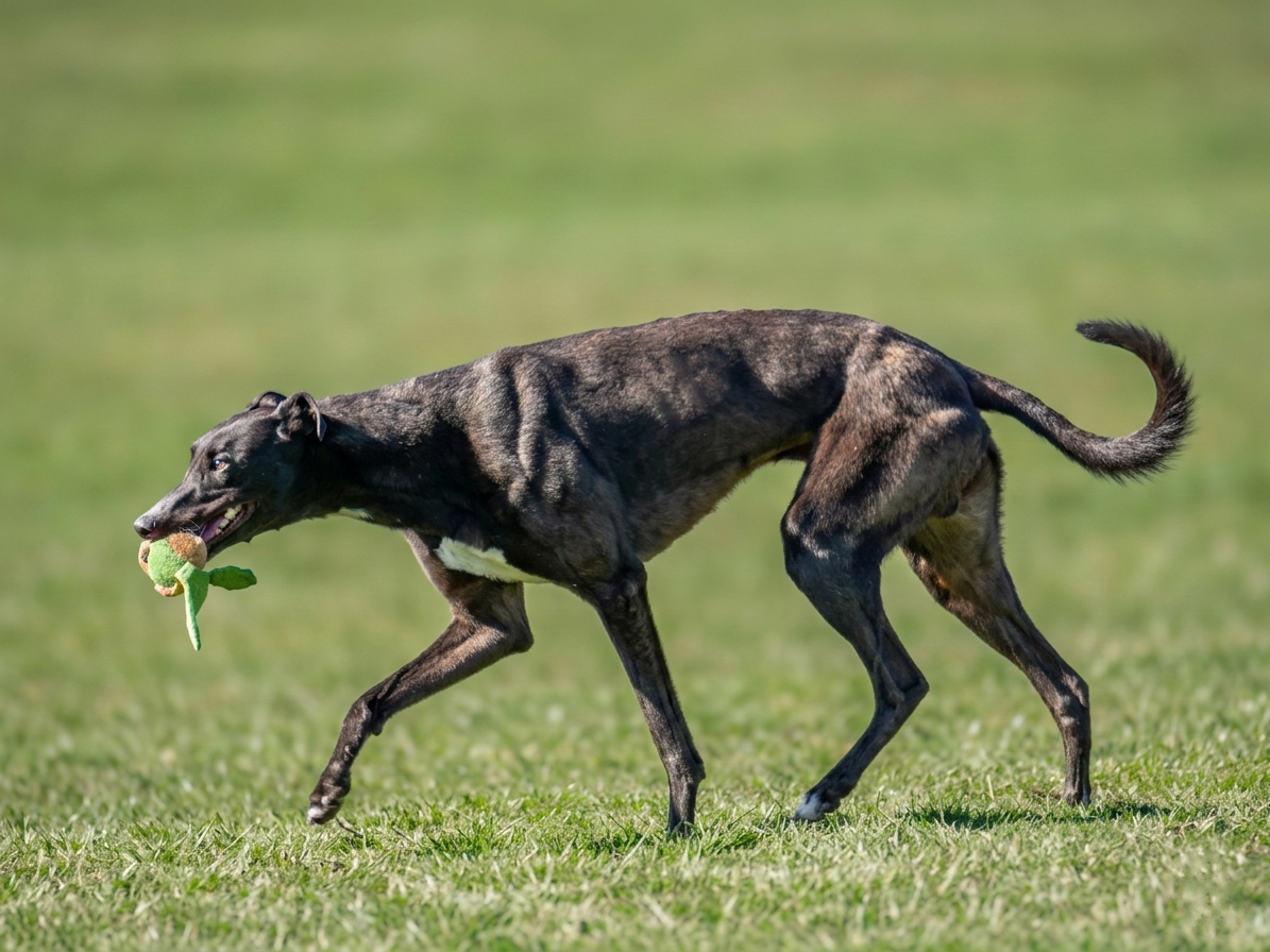 A black Greyhound dog running on a grassy field, holding a plush toy in its mouth.