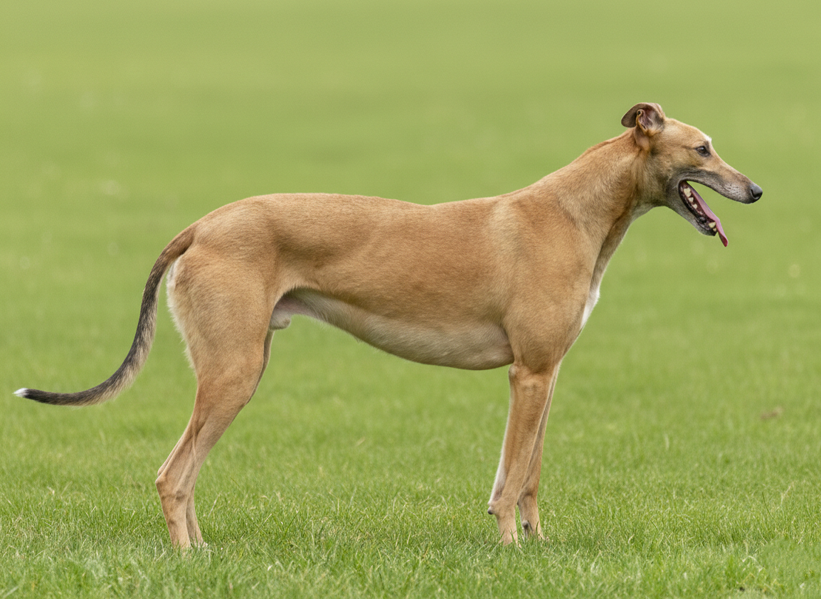 A tan dog standing on green grass with its mouth open and tongue hanging out, facing right.