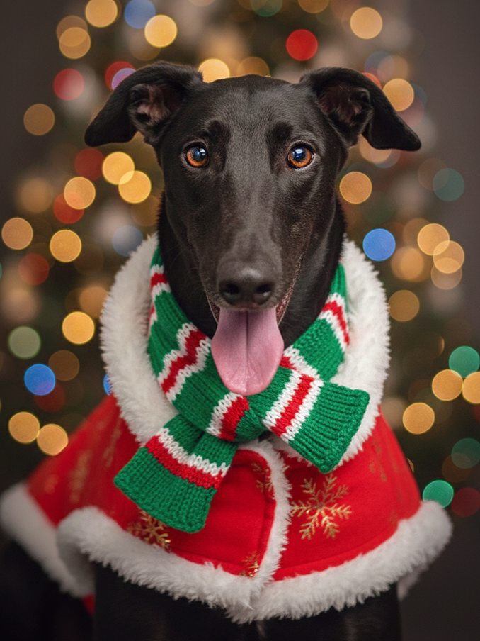 Black dog wearing a Christmas sweater and scarf, with a blurry Christmas tree with colorful lights in the background.