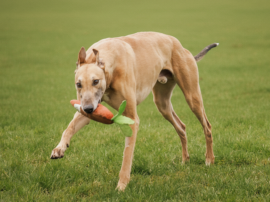 Dog running on grass field with a toy in its mouth