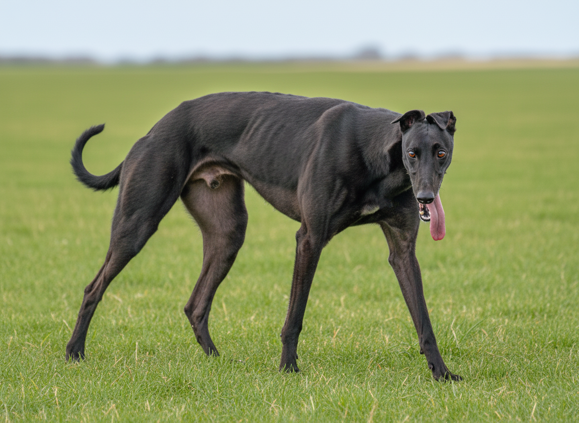 A black greyhound dog standing on green grass in an open field with a blurred background.