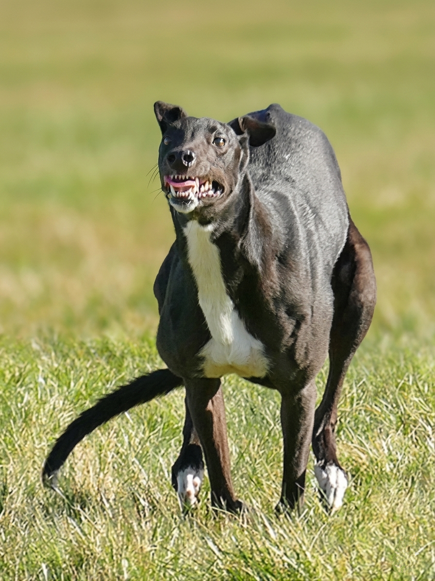 A black dog with a white chest running on grassy field