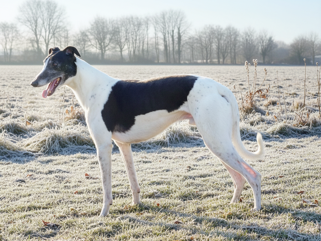 A black and white Greyhound dog standing on frosty grass in a field with bare trees in the background during winter.