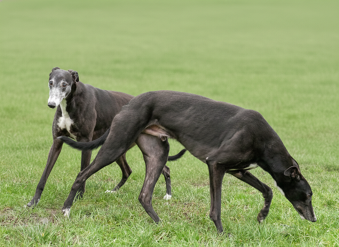 Two black and white Greyhounds outdoors on a grassy field, one looking at the camera and the other with its head lowered to the ground.