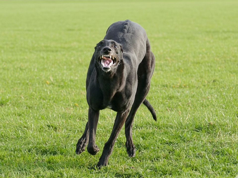 A black dog running on a grassy field, looking aggressive or playful with its mouth open and teeth showing.