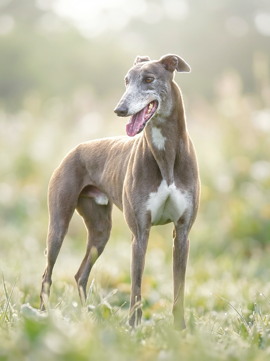 A greyhound dog standing outdoors on the grass during daytime, with sunlight and blurred green background.