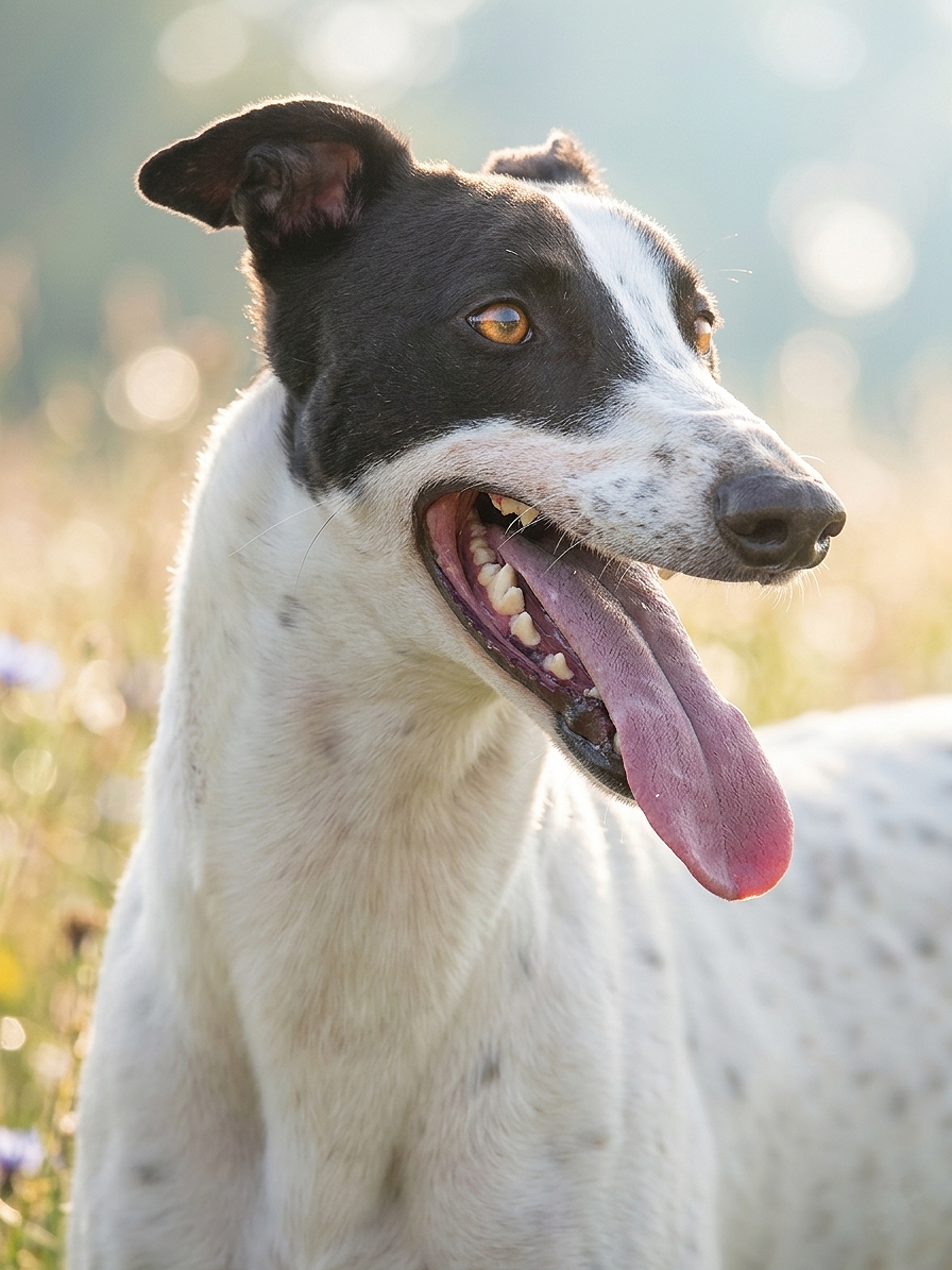A happy black and white dog with its tongue hanging out in a grassy field during sunlight.