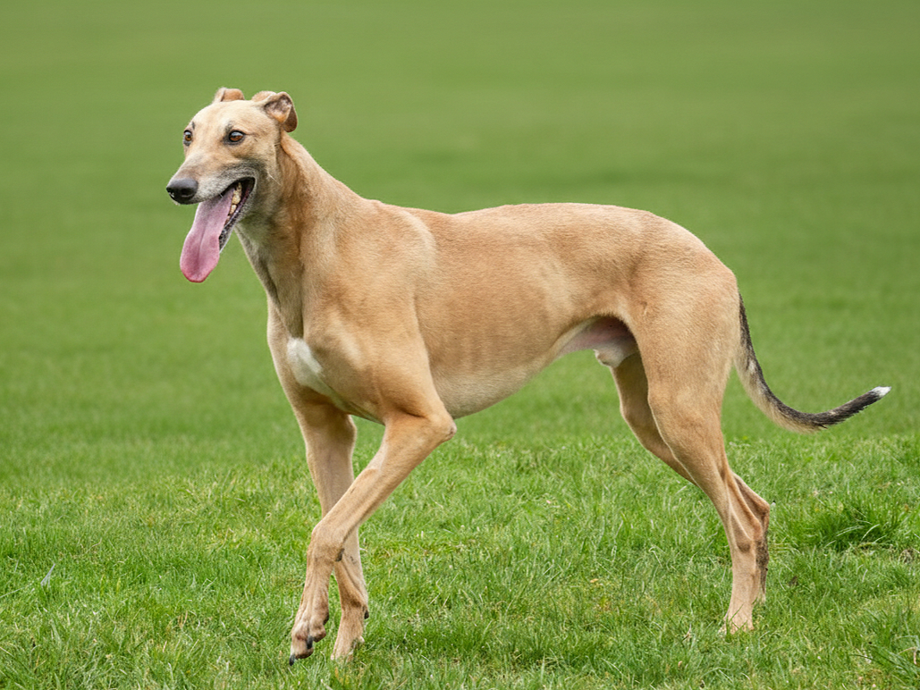 A tan dog with a long body standing on green grass, licking its nose with a pink tongue.