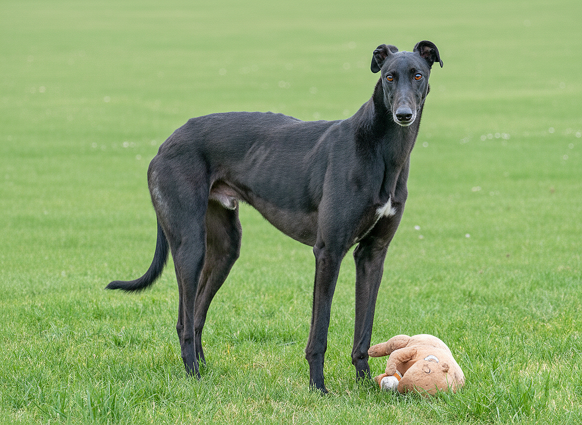 A black Greyhound dog standing on green grass with a plush toy lying on its side nearby.