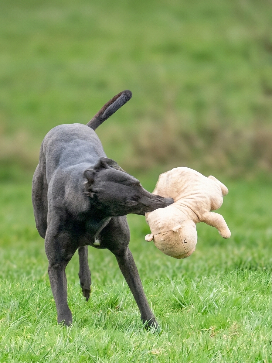 Dog playing with stuffed toy in grassy field