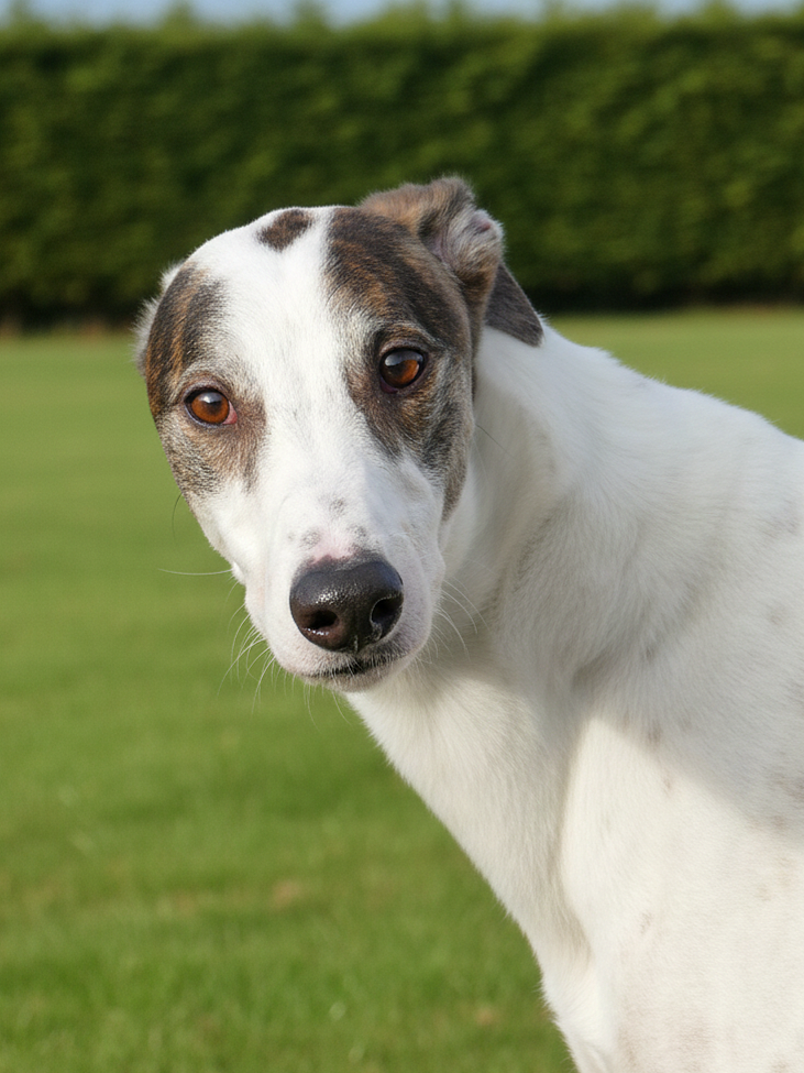 Close-up of a white dog with brown and black markings on its face, standing on a grassy field with a hedge in the background.