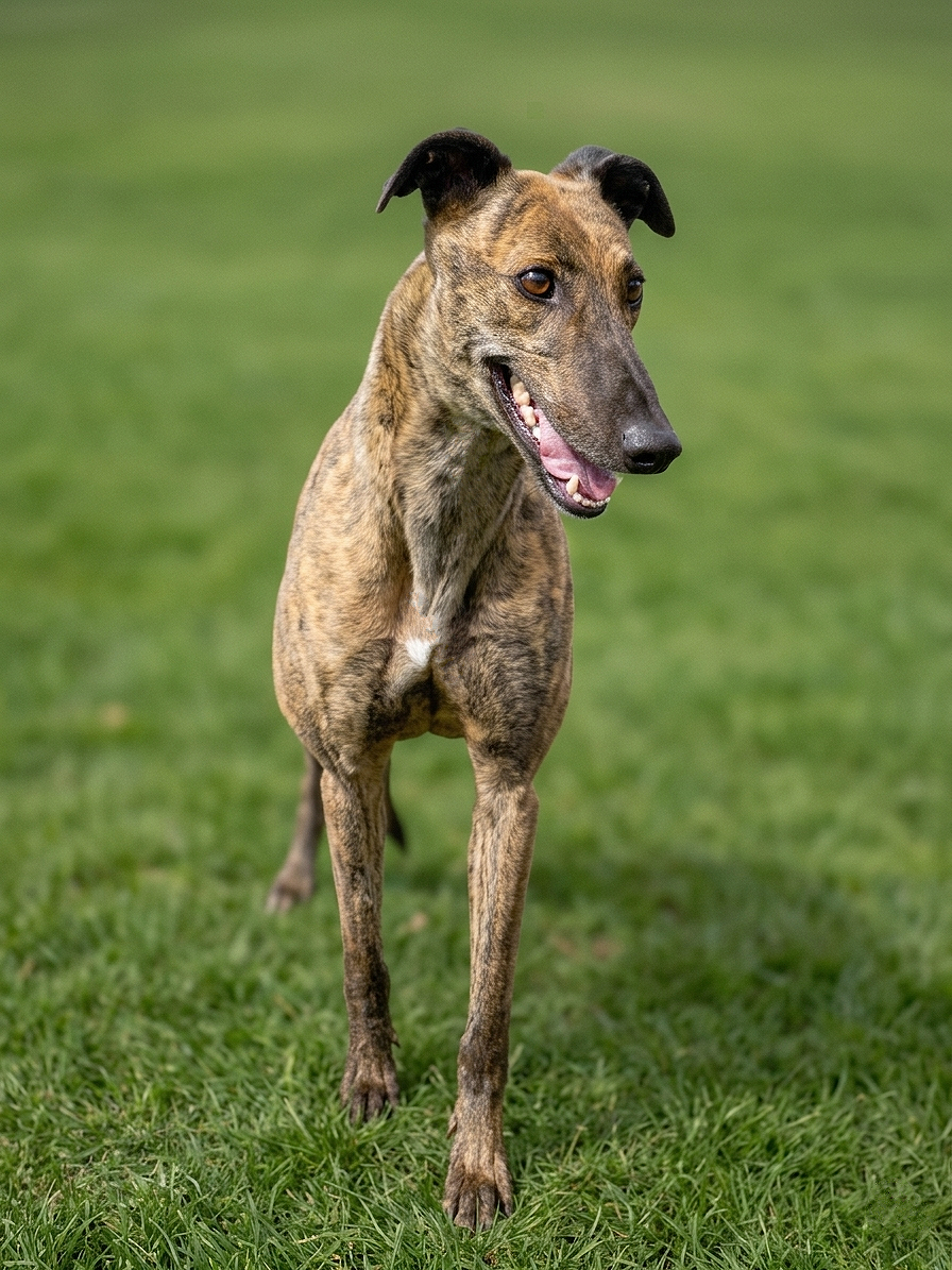 A mixed breed dog with a brindle coat standing on grass in an outdoor setting.