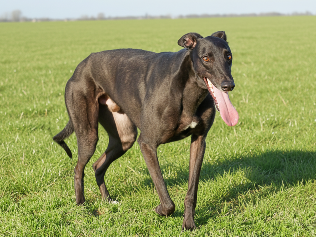 A black greyhound with a white chest walking on a grassy field with a clear sky in the background.