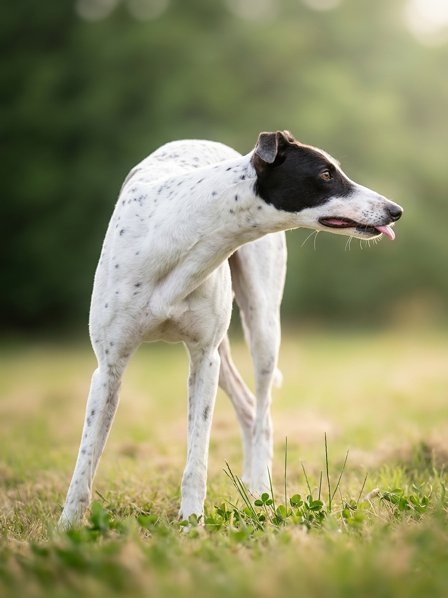 Dappled white and black dog standing on grass in a park.