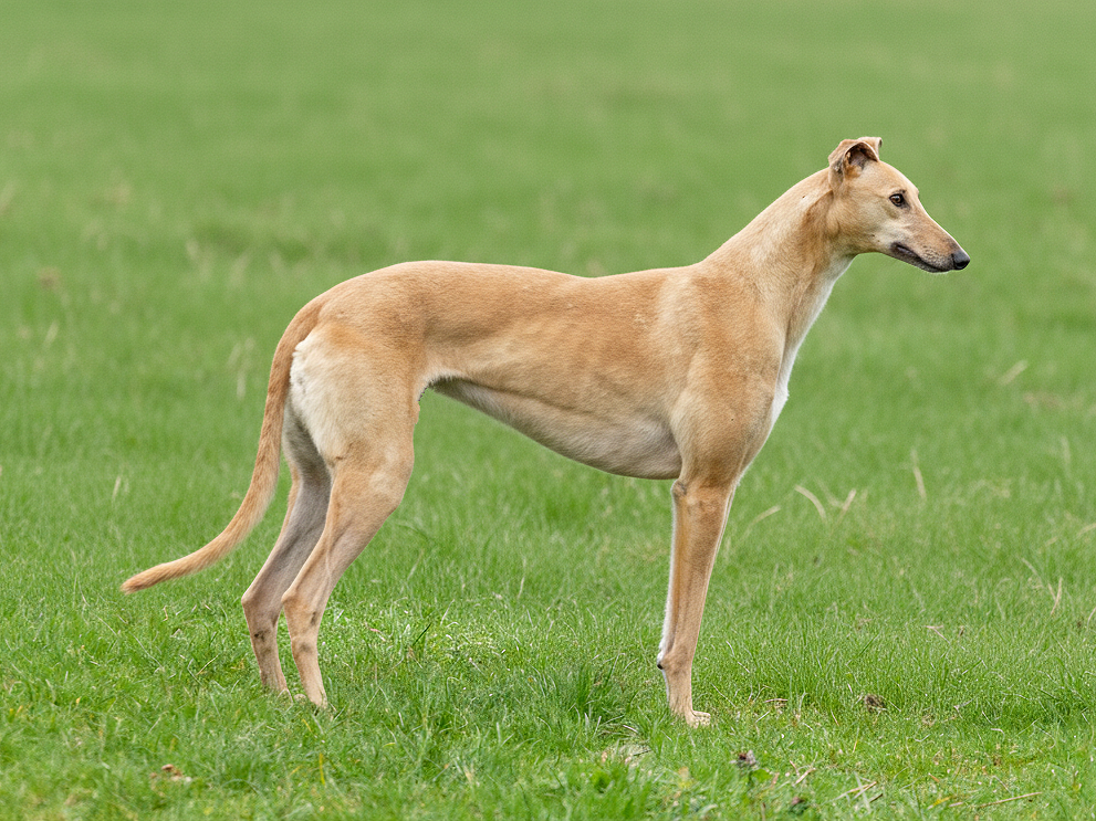 A tan-colored dog standing on green grass in profile view.