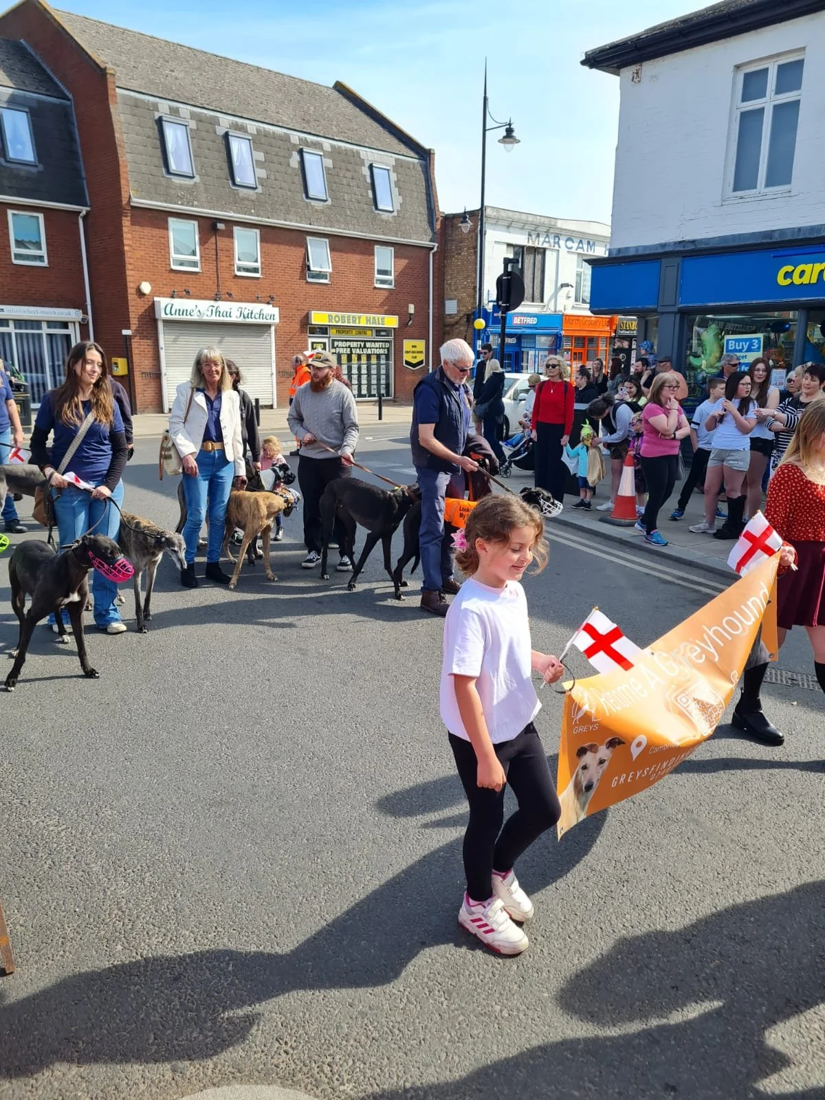 A pride parade with people walking dogs and holding flags on a city street. The parade features a banner for a greyhound rescue organization, and the crowd includes children and adults, some holding flags with red crosses.