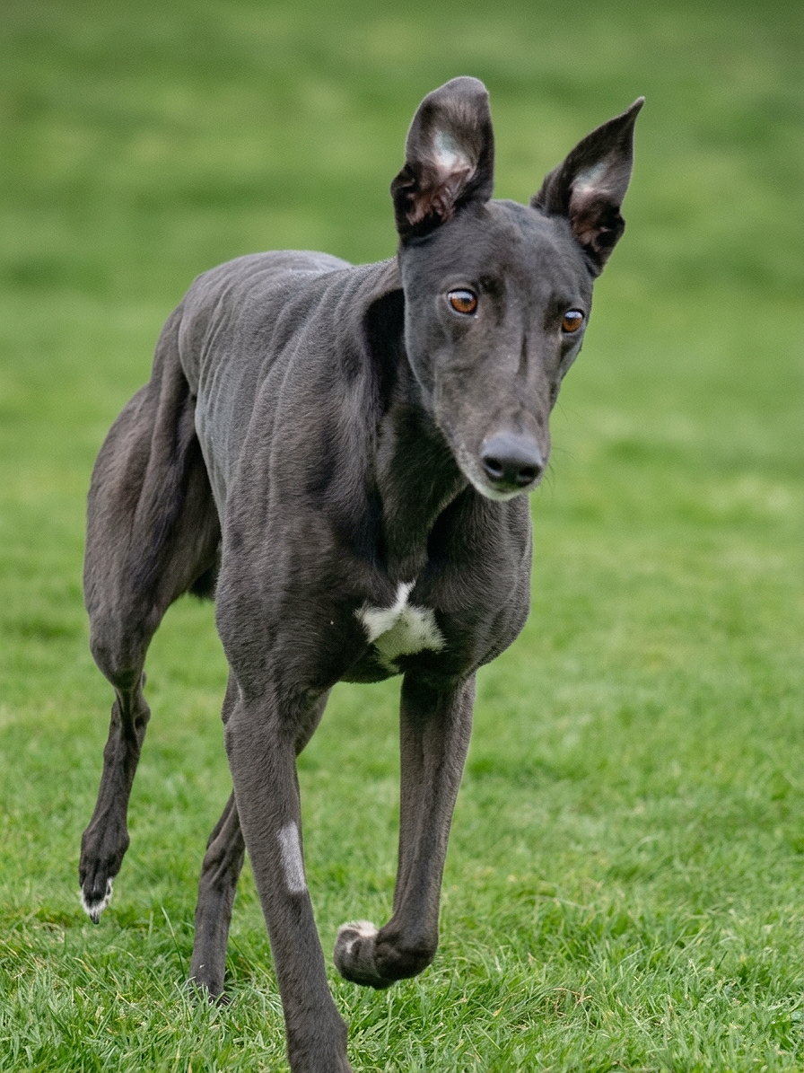 A greyhound dog running on green grass