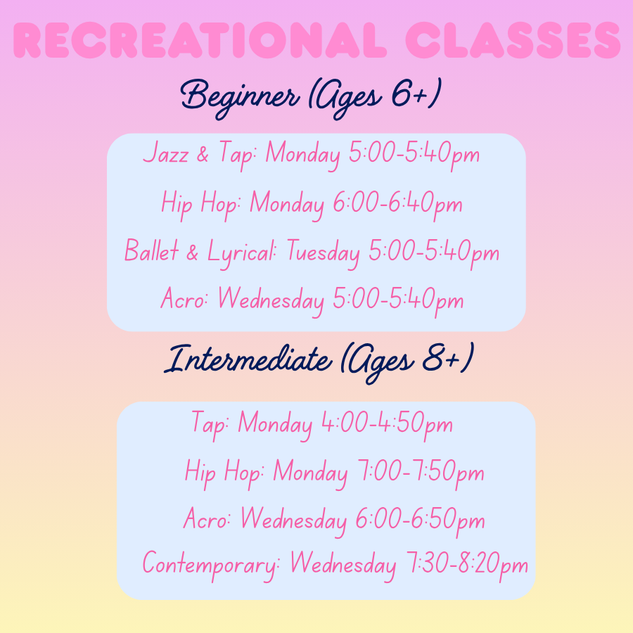 Colorful informational poster listing recreational dance classes for beginners and intermediates, including jazz, tap, hip hop, ballet, lyrical, acro, and contemporary, with schedules and ages.