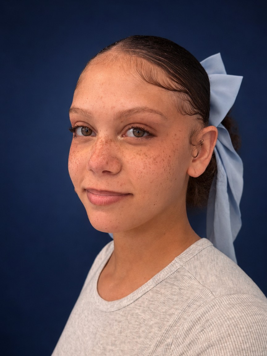 Close-up portrait of a young girl with light brown hair tied back with a light blue ribbon, wearing a light gray top, against a dark blue background.