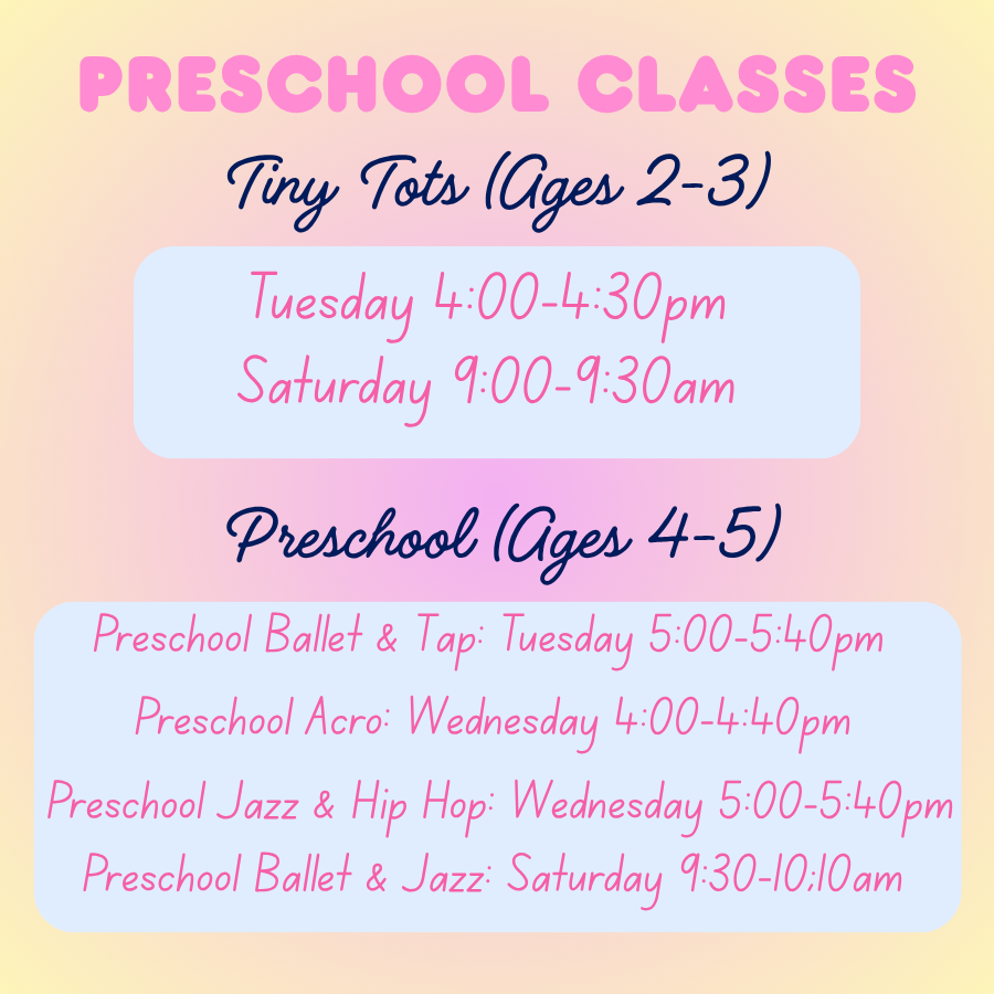 Colorful sign detailing preschool classes, including Tiny Tots for ages 2-3 with sessions on Tuesdays and Saturdays, and Preschool for ages 4-5 with ballet, tap, acro, jazz, and hip hop classes scheduled on various days and times.