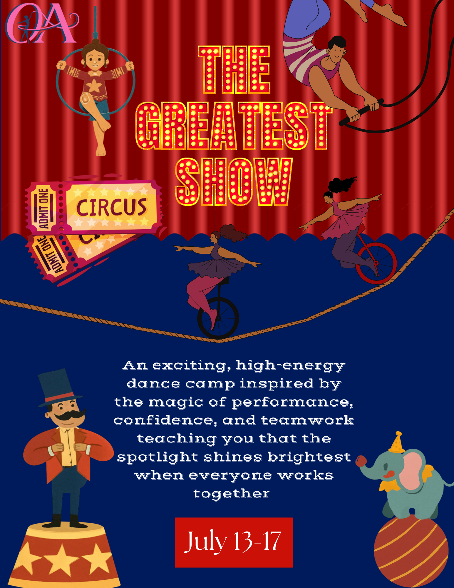 A colorful poster advertising "The Greatest Show" circus inspired dance camp running from July 13 to 17. The poster features circus performers, including acrobats, a clown, and an elephant, with red curtains, tickets, and marquee lights.