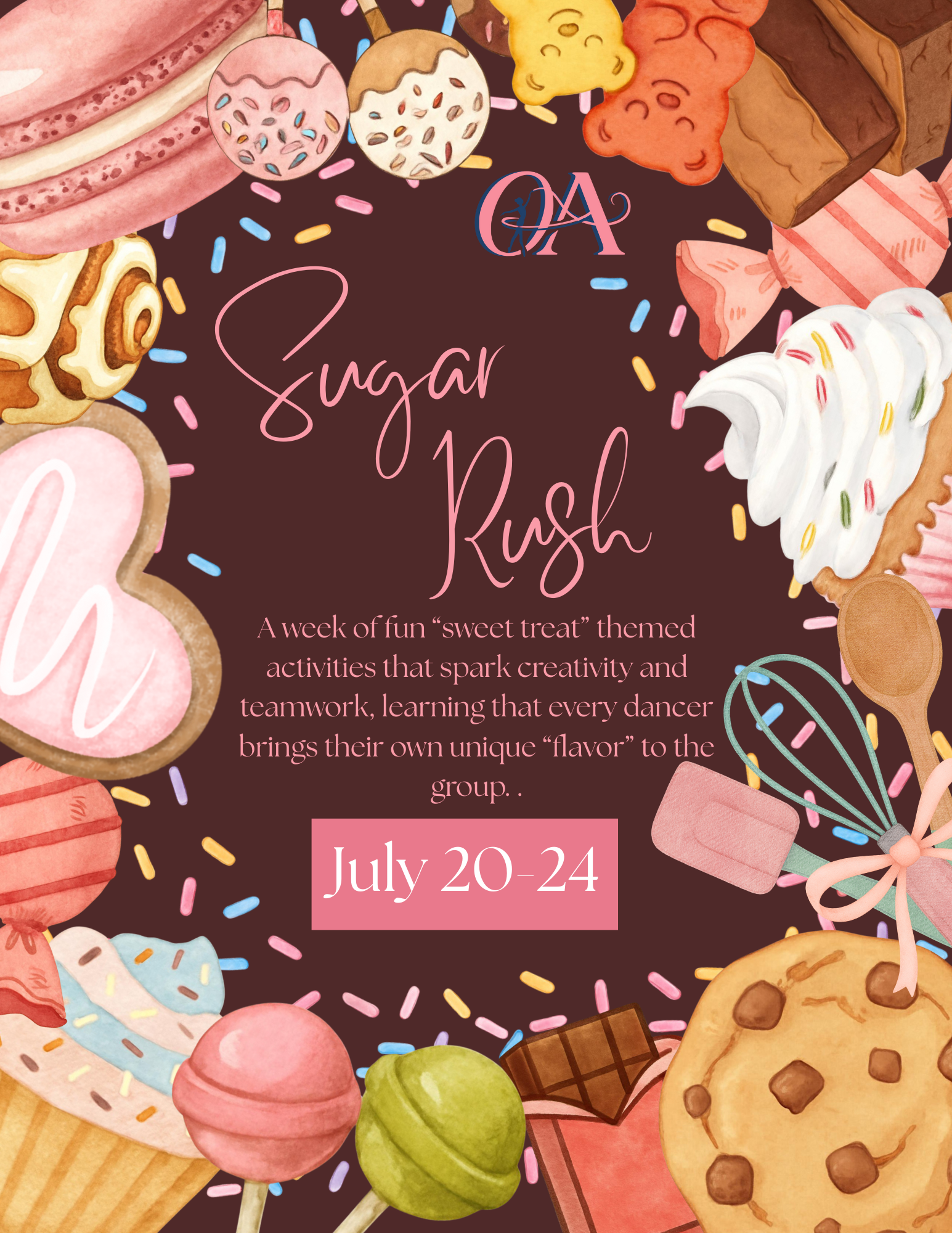 A colorful invitation poster surrounded by various sweets like cookies, ice cream, cupcakes, candy, and chocolates, advertising a 'Sugar Rush' event from July 20 to 24.