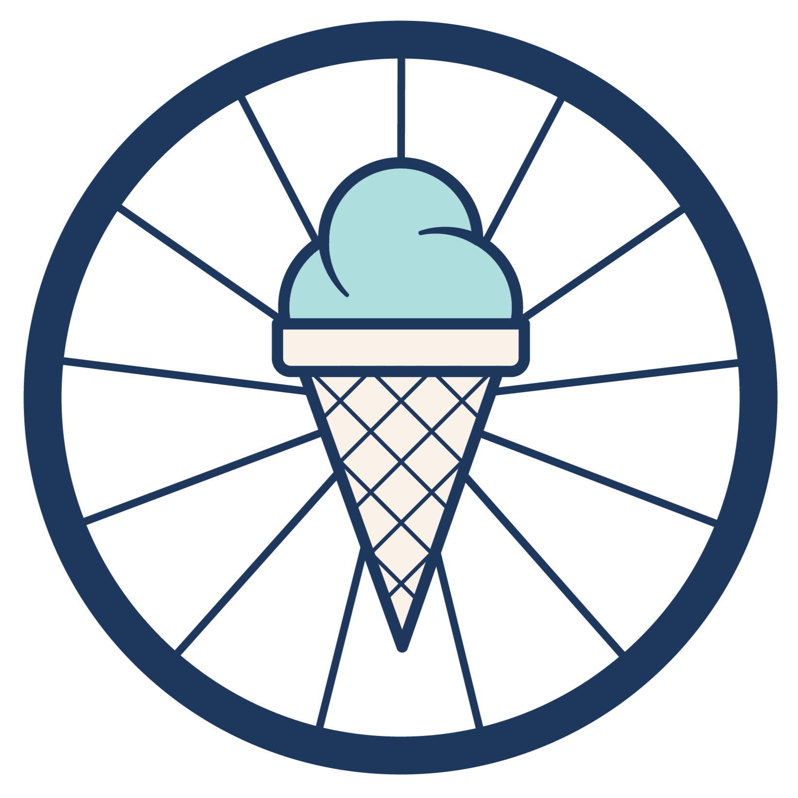 A dark blue illustration of a bicycle wheel with an ice cream cone in the center, topped with a scoop of mint ice cream.
