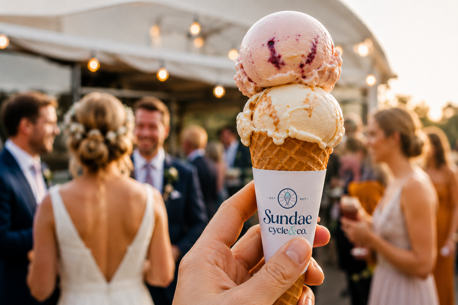 A hand holding a cone with two scoops of ice cream in front of a group of wedding guests at an outdoor reception, with a couple in wedding attire and string lights in the background.