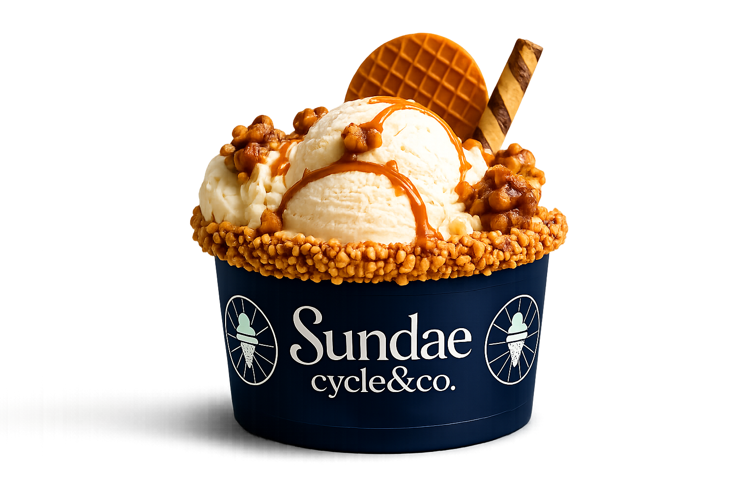 A cup of ice cream with caramel sauce, topped with cookie, waffle, and wafer roll, served in a navy blue container with 'Sundae cycle&co.' written on it.