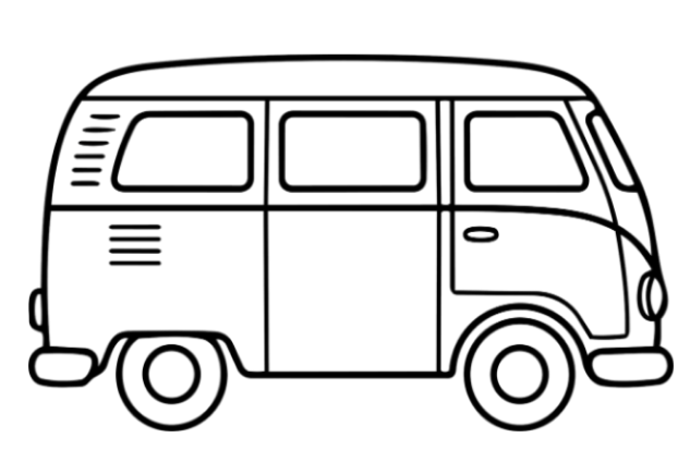 Black background with white outlines of a car, showing its side profile, wheels, and windows.