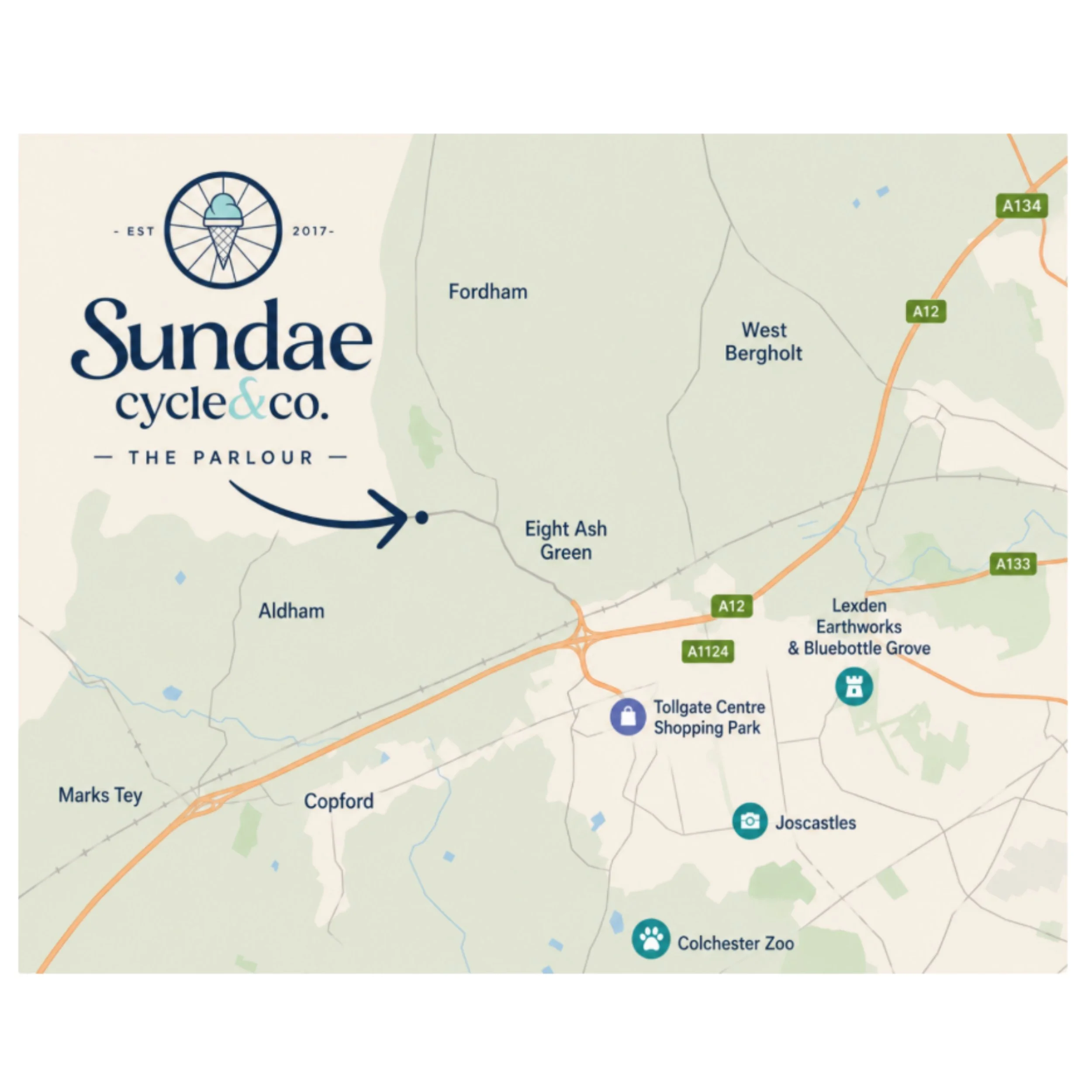 Map showing locations near Fordham, West Bergholt, and Colchester, with icons indicating a shopping park, zoo, and tollgate center.