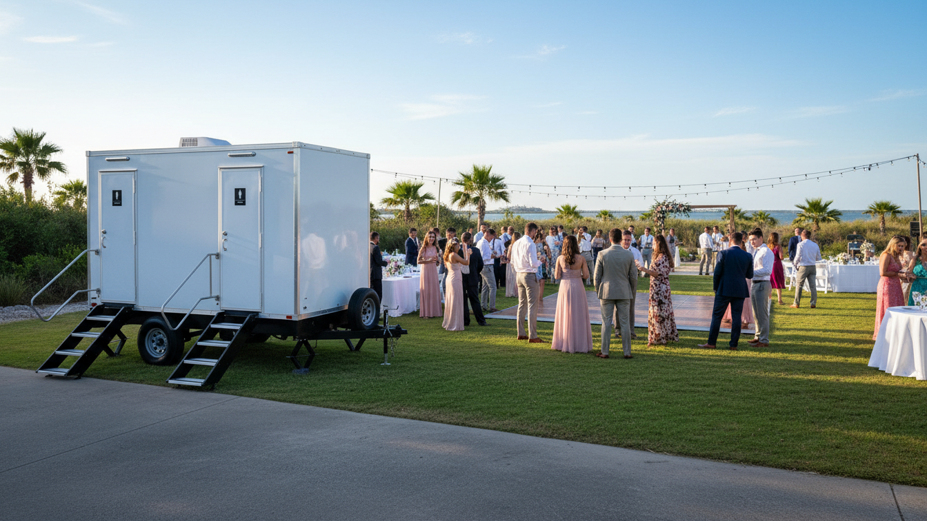 Restroom rental trailer at coastal wedding reception with 100 to 150 guests mingling in Rockport, TX