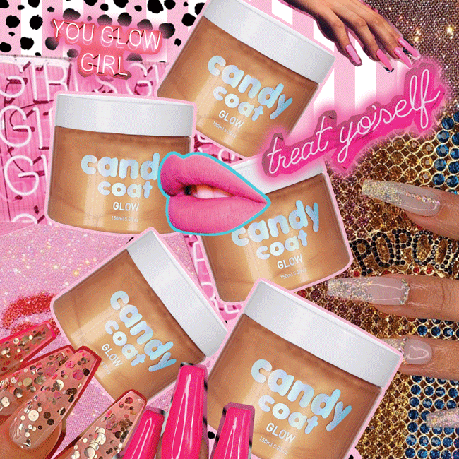 A collage of beauty and cosmetic-themed items with pink, gold, and glitter accents. There are four containers labeled "Candy Coat Glow," a pair of pink lips, glittery nails, and colorful glitter strips. Pink neon signs say "You Glow Girl" and "Treat Yourself." The background features pink hues, sequins, and sparkles.